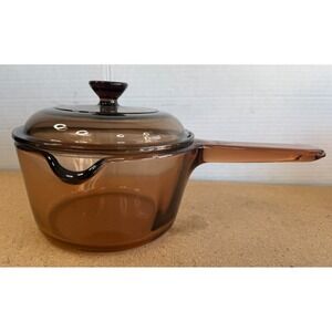 Vtg Vision Corning Ware USA 1L Amber Sauce Pan Pot w/Pour Spout & Pyrex Lid V1C